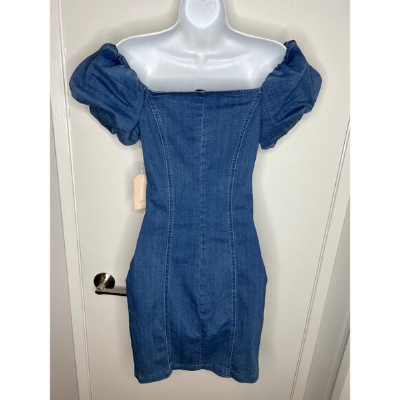 Blashe Women's Denim Button Front Off Shoulder Puff Sleeve Dress NEW ~ Size M - Picture 4 of 7